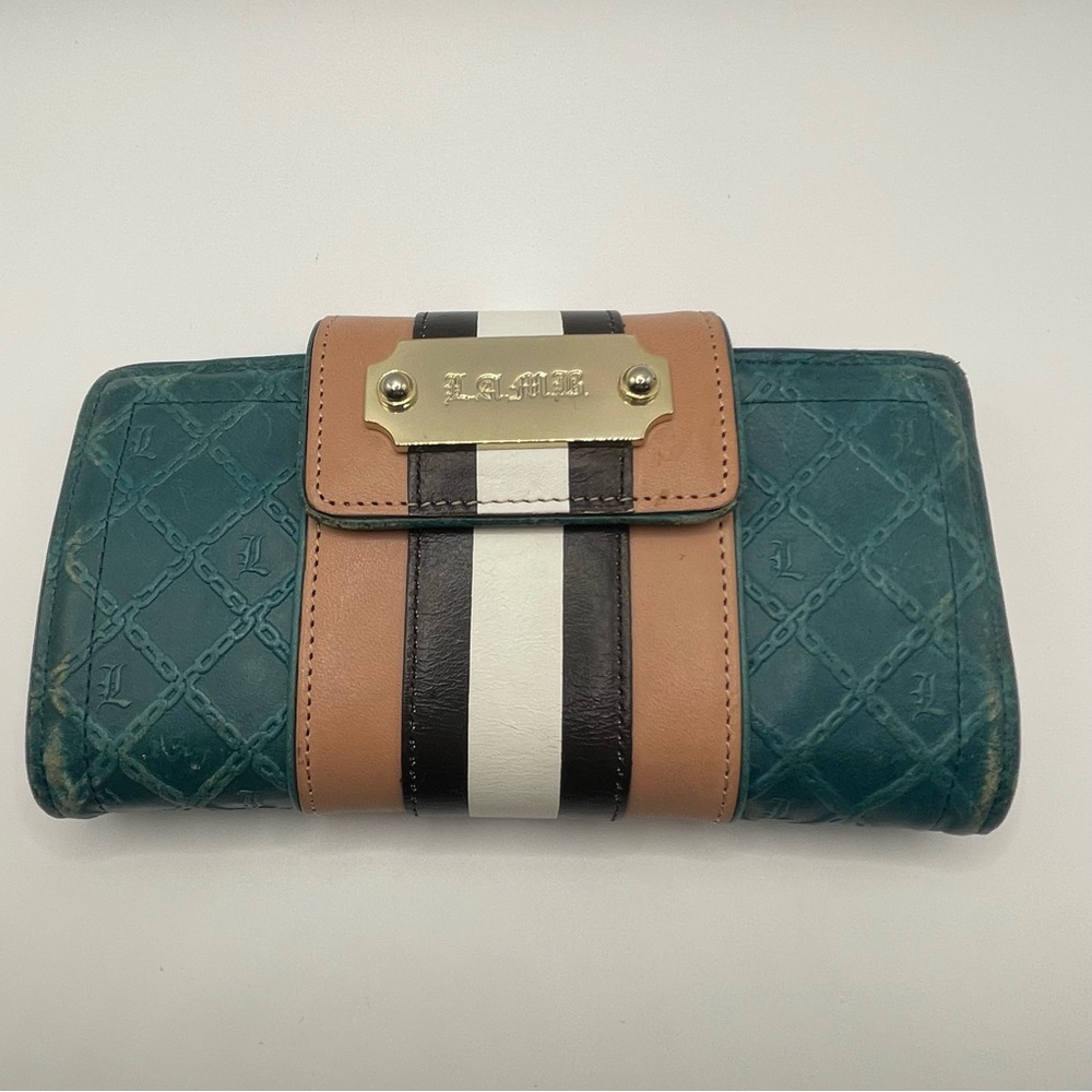 Vintage Gwen Stefani Lamb L.A.M.B. Wallet Leather Y2K Teal Blue Tan Rare Color - Picture 3 of 15